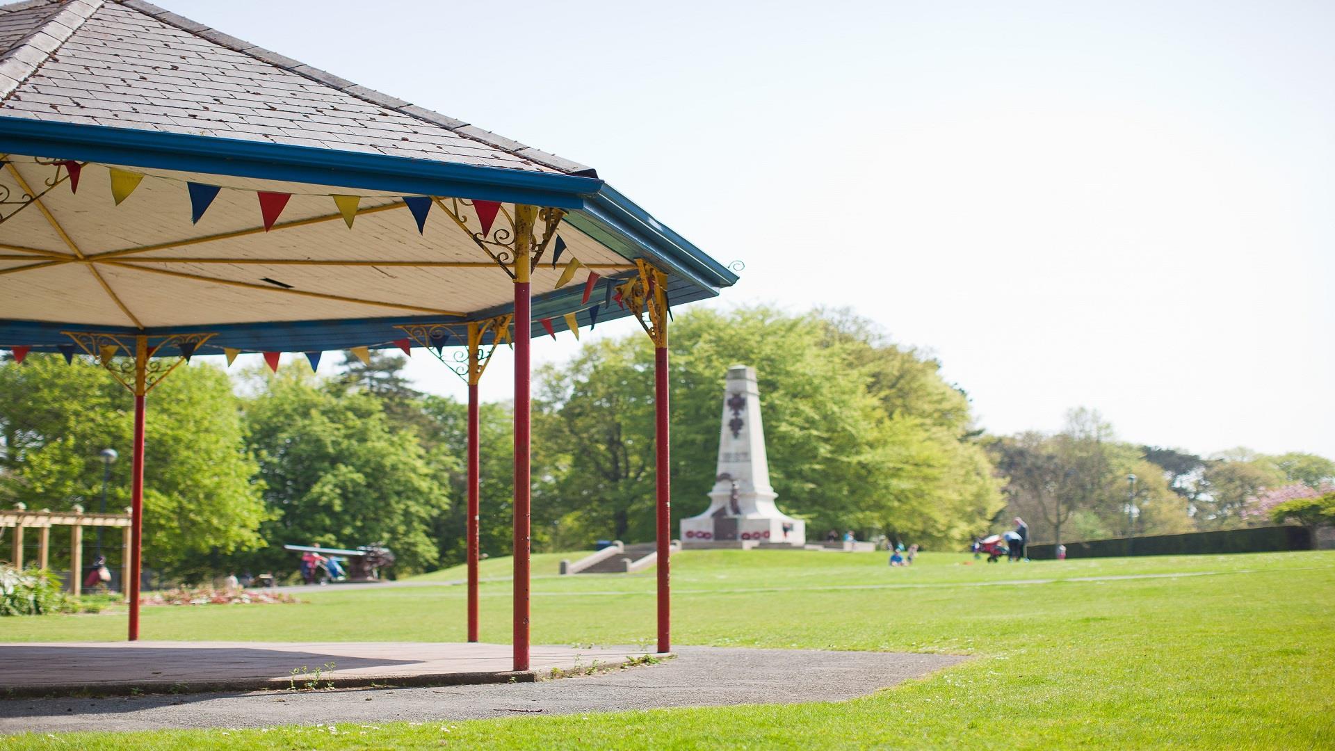 Photo of the brightly coloured bandstand where live music takes place in the summer months