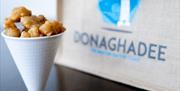 Cone of scampi and Donaghadee branded canvas bag