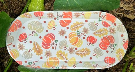 A ceramic oblong plate sponge printed with different coloured pumpkins, gourds and leaves, on a leafy background with a small green gourd in the top l